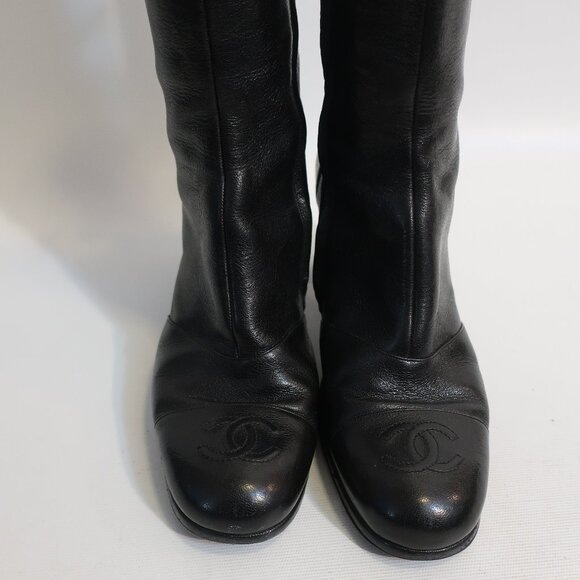 Womens Chanel Black Block Heel Interlocked CC Leather Ankle Booties 40 US/9.5-10 - Picture 2 of 14